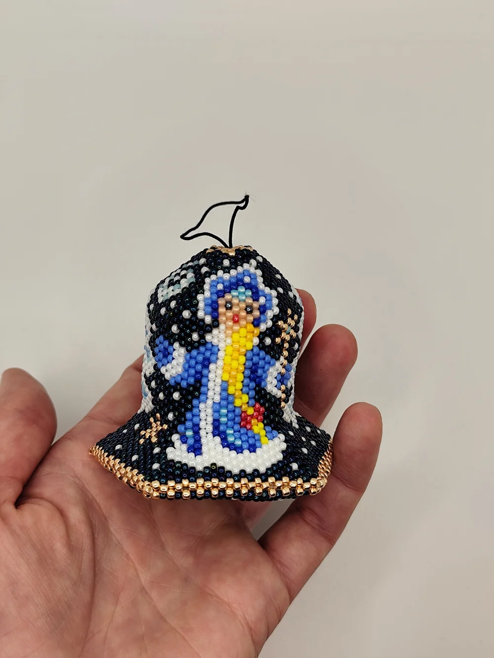 Handmade Blue Beaded Bell Ornament with Angel Design